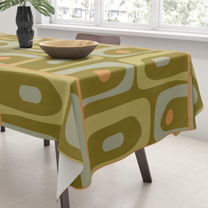 Mid Century Modern Piquet Retro Abstract Tiled Pattern in Vintage Olive Green and Cantaloupe Orange Tablecloth Gallery Image 3