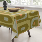 Mid Century Modern Piquet Retro Abstract Tiled Pattern in Vintage Olive Green and Cantaloupe Orange Tablecloth Gallery Image 3