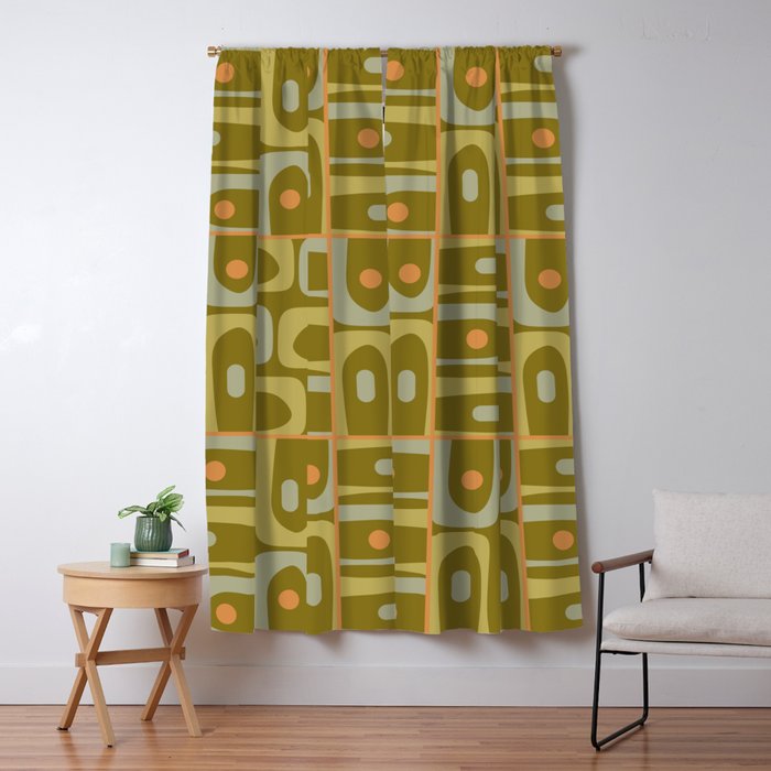 Mid Century Modern Piquet Retro Abstract Tiled Pattern in Vintage Olive Green and Cantaloupe Orange Window Curtain Gallery Image 5