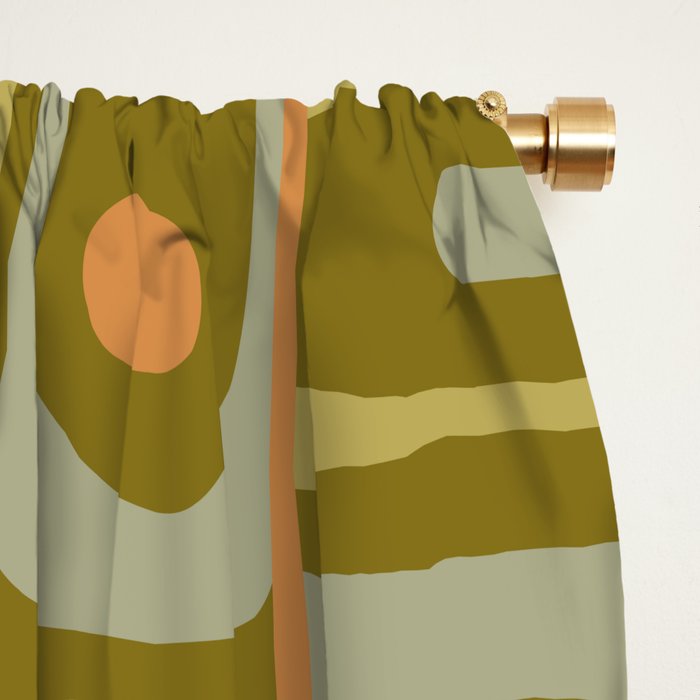 Mid Century Modern Piquet Retro Abstract Tiled Pattern in Vintage Olive Green and Cantaloupe Orange Window Curtain Gallery Image 2
