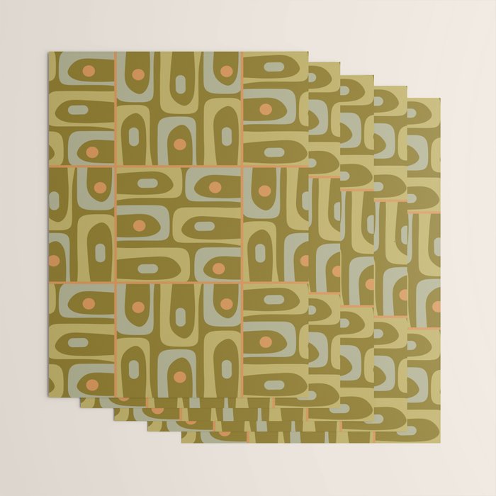 Mid Century Modern Piquet Retro Abstract Tiled Pattern in Vintage Olive Green and Cantaloupe Orange Wrapping Paper Gallery Image 3