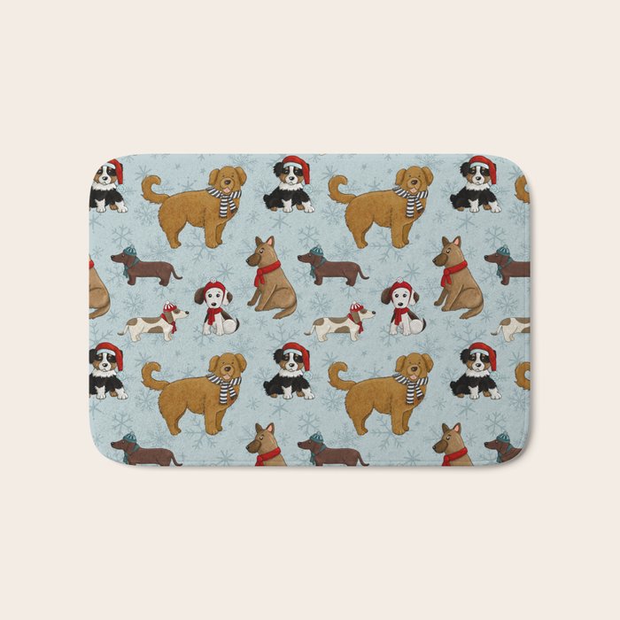 Christmas Puppies, Holiday Dog Print, Cute Puppy Pattern, Winter Pups Bath Mat Gallery Image 1