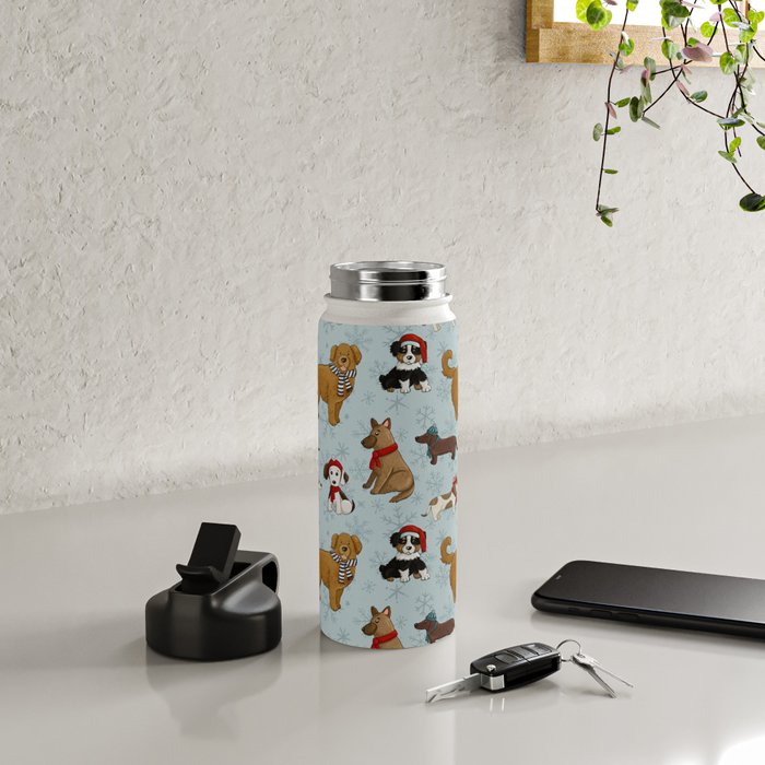 Christmas Puppies, Holiday Dog Print, Cute Puppy Pattern, Winter Pups Water Bottle Gallery Image 4