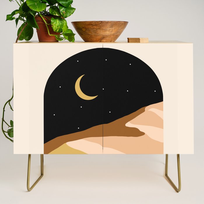 Desert Nights, Modern Bohemian Travel Sand Dunes, Eclectic Moon Stars Vintage Arc, Pastel Building Nature Landscape  Credenza Gallery Image 1