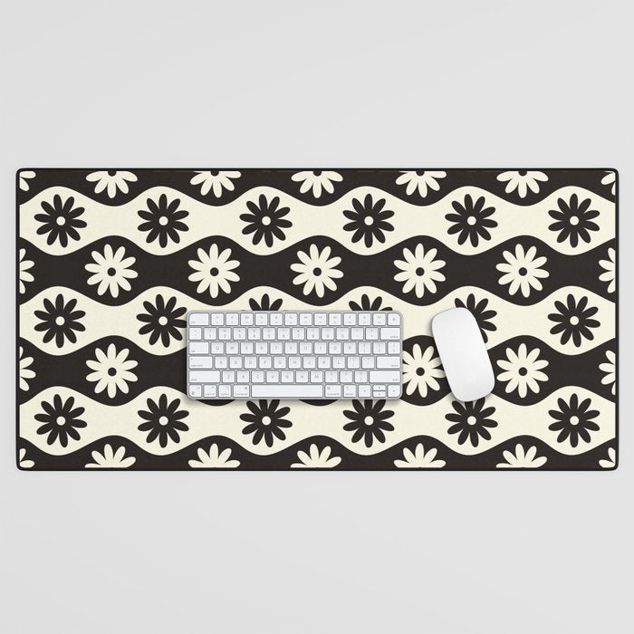 Retro Wavy Stripes with Flowers in Black & Off White Desk Mat Gallery Image 1