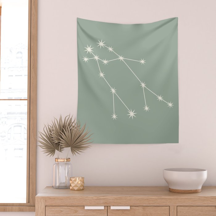 Gemini Zodiac Star Constellation Line Art Soft Sage Wall Tapestry Gallery Image 2