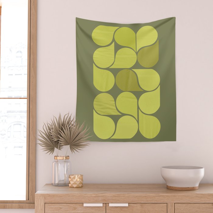 Bright Yellow Teardrop Pattern on Olive Green Wall Tapestry Gallery Image 2