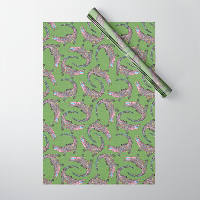 Crocodiles (Textured Green and Pink) Wrapping Paper Gallery Image 1