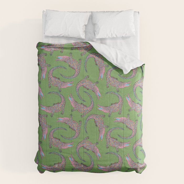 Crocodiles (Textured Green and Pink) Comforter Gallery Image 6