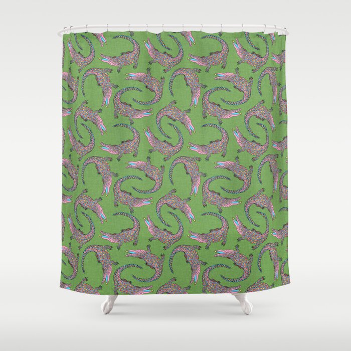 Crocodiles (Textured Green and Pink) Shower Curtain Gallery Image 1