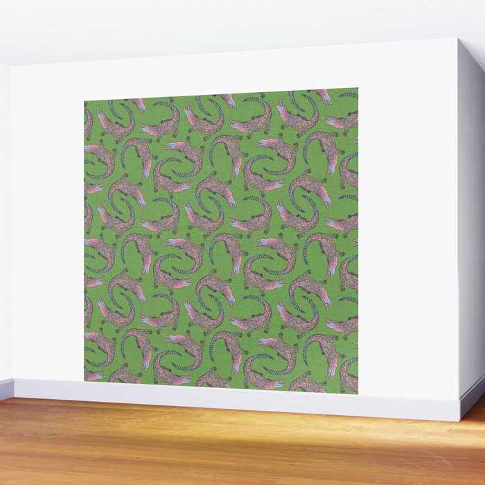 Crocodiles (Textured Green and Pink) Wall Mural Gallery Image 2