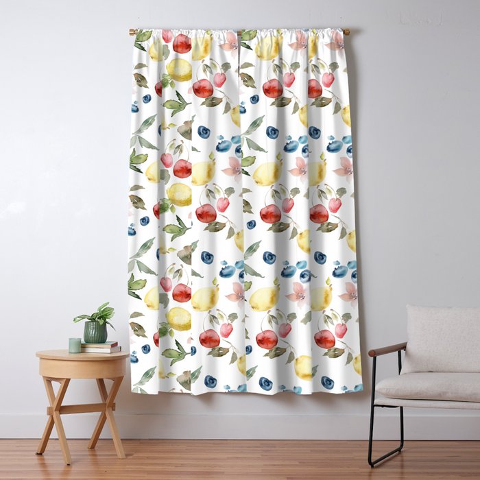 Lemon Berries and Cherries Watercolor Pattern Window Curtain Gallery Image 1