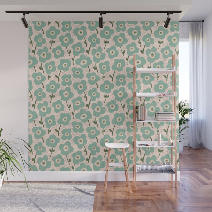 Little flowers aqua Wall Mural Gallery Image 1
