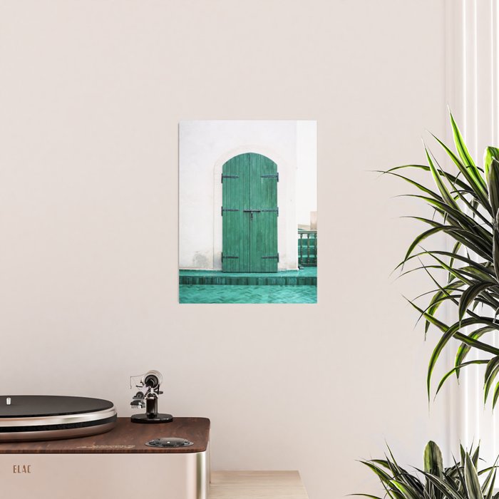Le Jardin Secret | Turquoise wooden door in Marrakech | Colorful travel photograph wanderlust Poster Gallery Image 2