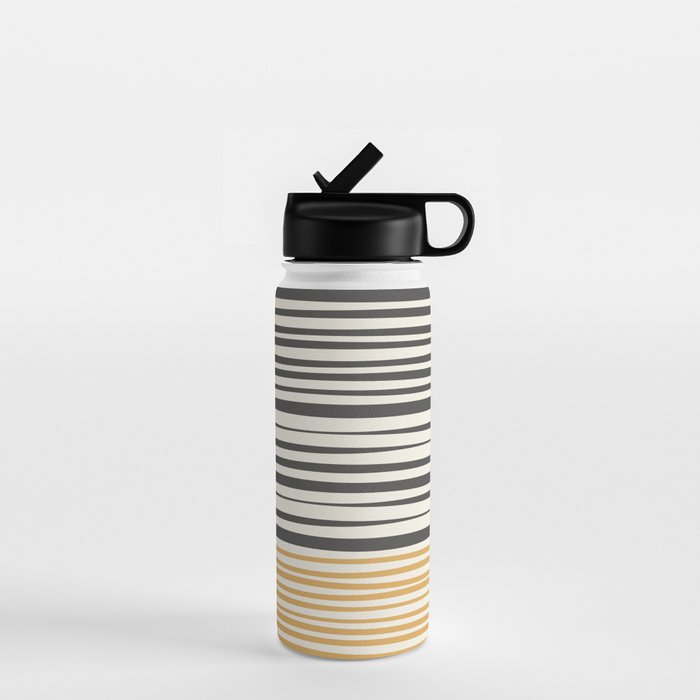 Natural Stripes Modern Minimalist Colour Block Pattern Charcoal Grey, Muted Mustard Gold, and Cream Beige Water Bottle Gallery Image 1