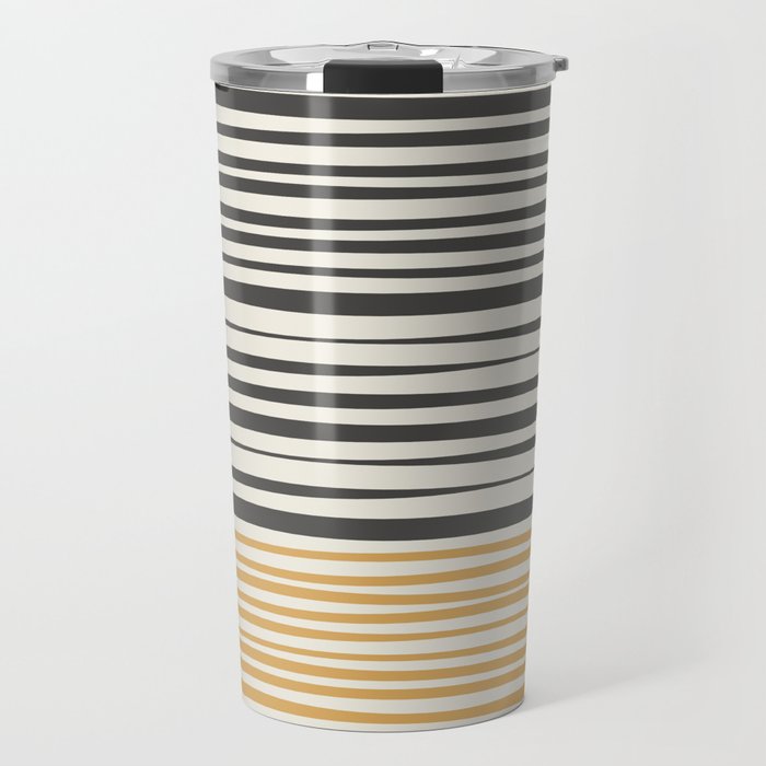 Natural Stripes Modern Minimalist Colour Block Pattern Charcoal Grey, Muted Mustard Gold, and Cream Beige Travel Mug Gallery Image 1