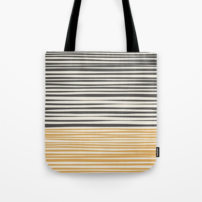 Natural Stripes Modern Minimalist Colour Block Pattern Charcoal Grey, Muted Mustard Gold, and Cream Beige Tote Bag Gallery Image 1