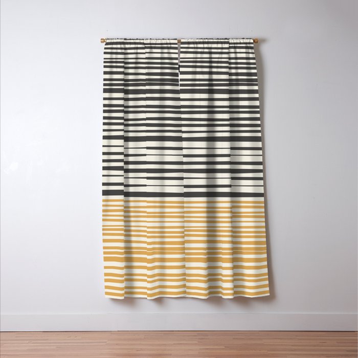Natural Stripes Modern Minimalist Colour Block Pattern Charcoal Grey, Muted Mustard Gold, and Cream Beige Window Curtain Gallery Image 3