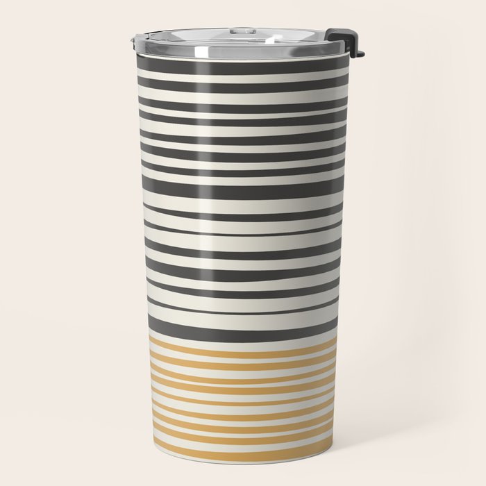 Natural Stripes Modern Minimalist Colour Block Pattern Charcoal Grey, Muted Mustard Gold, and Cream Beige Travel Mug Gallery Image 2