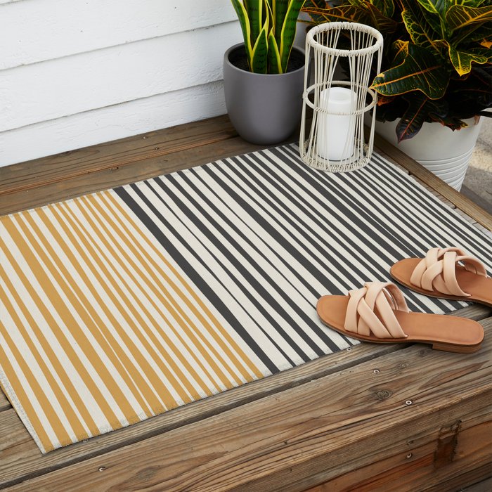 Natural Stripes Modern Minimalist Colour Block Pattern Charcoal Grey, Muted Mustard Gold, and Cream Beige Outdoor Rug Gallery Image 2