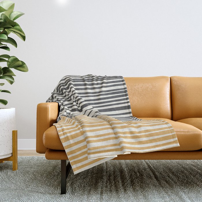 Natural Stripes Modern Minimalist Colour Block Pattern Charcoal Grey, Muted Mustard Gold, and Cream Beige Throw Blanket Gallery Image 1