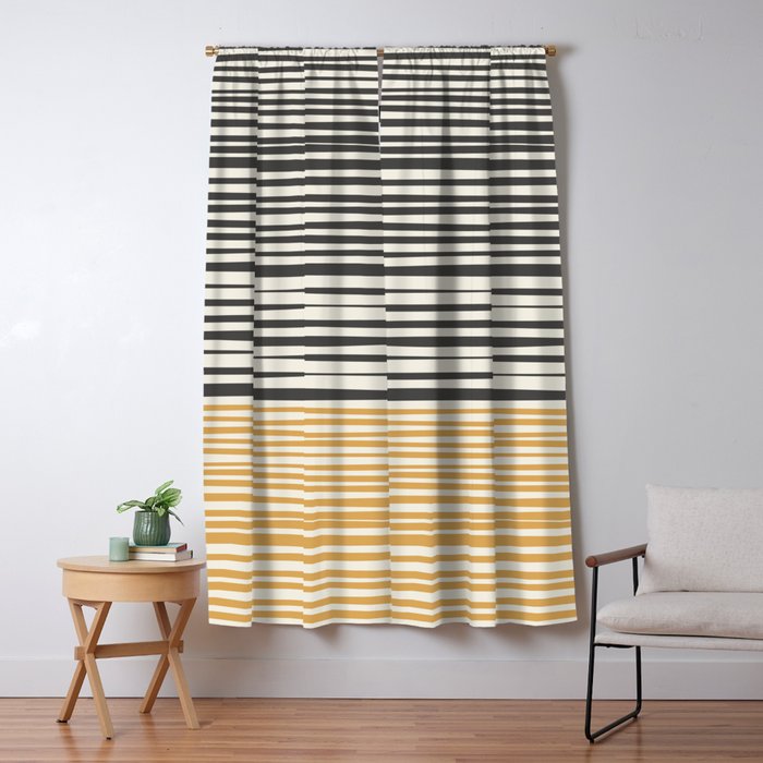 Natural Stripes Modern Minimalist Colour Block Pattern Charcoal Grey, Muted Mustard Gold, and Cream Beige Window Curtain Gallery Image 1