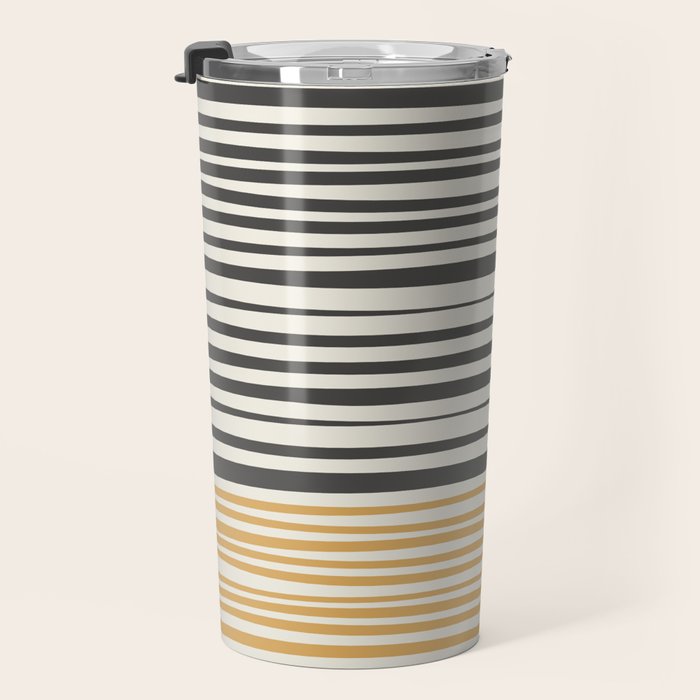 Natural Stripes Modern Minimalist Colour Block Pattern Charcoal Grey, Muted Mustard Gold, and Cream Beige Travel Mug Gallery Image 3