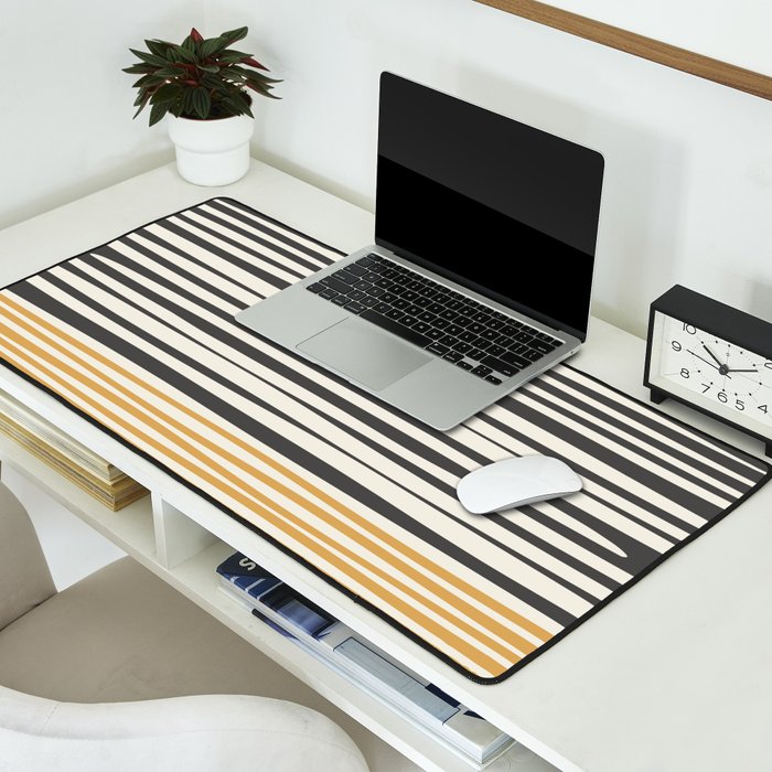 Natural Stripes Modern Minimalist Colour Block Pattern Charcoal Grey, Muted Mustard Gold, and Cream Beige Desk Mat Gallery Image 2