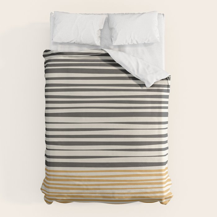 Natural Stripes Modern Minimalist Colour Block Pattern Charcoal Grey, Muted Mustard Gold, and Cream Beige Duvet Cover Gallery Image 1