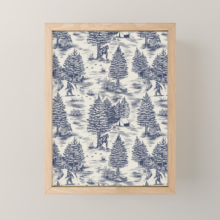 Bigfoot / Sasquatch Toile de Jouy in Blue Mini Art Print Gallery Image 1