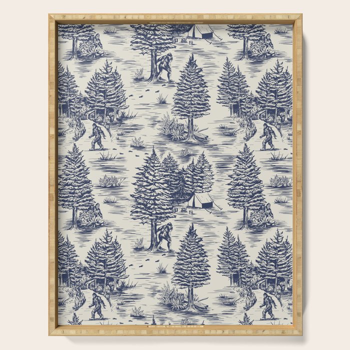 Bigfoot / Sasquatch Toile de Jouy in Blue Serving Tray Gallery Image 1