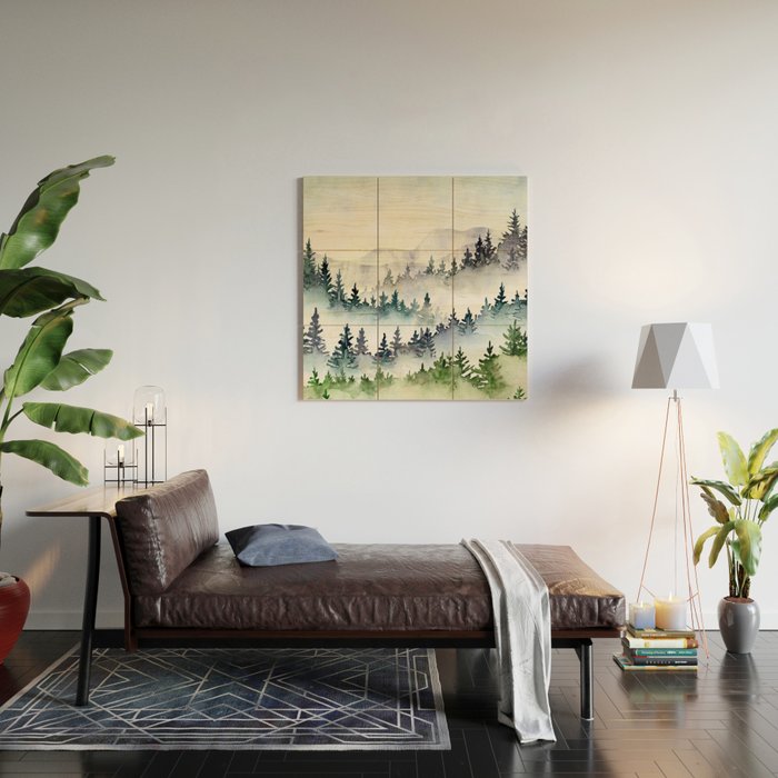 Misty Mountain Pines - Foggy Forest Watercolor Painting Wood Wall Art Gallery Image 2