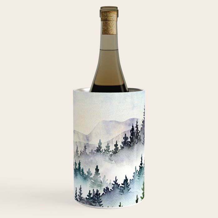 Misty Mountain Pines - Foggy Forest Watercolor Painting Wine Chiller Gallery Image 1