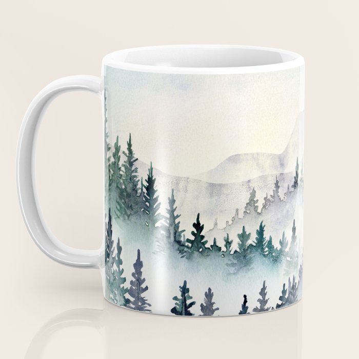 Misty Mountain Pines - Foggy Forest Watercolor Painting Coffee Mug Gallery Image 3