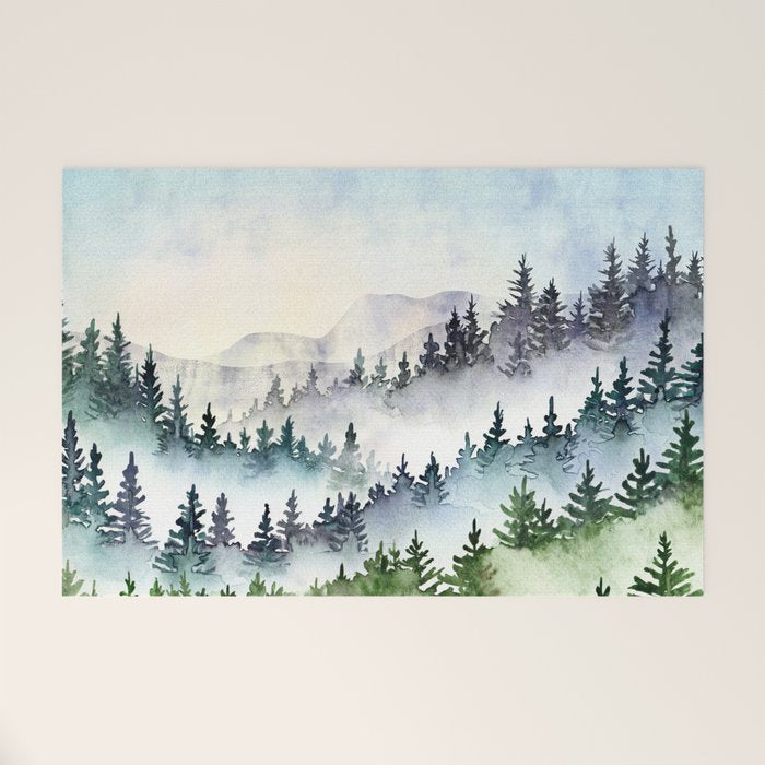 Misty Mountain Pines - Foggy Forest Watercolor Painting Welcome Mat Gallery Image 1