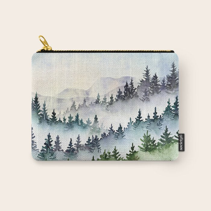 Misty Mountain Pines - Foggy Forest Watercolor Painting Carry All Pouch Gallery Image 1
