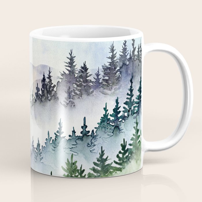 Misty Mountain Pines - Foggy Forest Watercolor Painting Coffee Mug Gallery Image 1