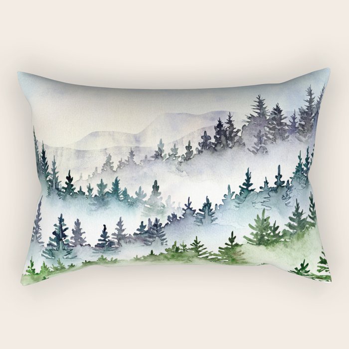 Misty Mountain Pines - Foggy Forest Watercolor Painting Rectangular Pillow Gallery Image 2