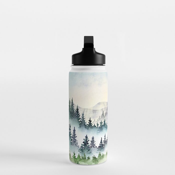 Misty Mountain Pines - Foggy Forest Watercolor Painting Water Bottle Gallery Image 3