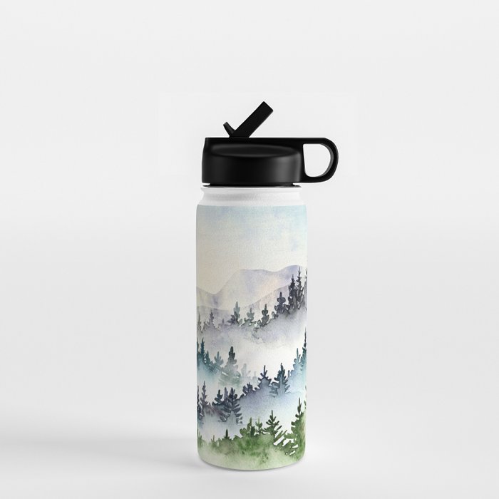 Misty Mountain Pines - Foggy Forest Watercolor Painting Water Bottle Gallery Image 1