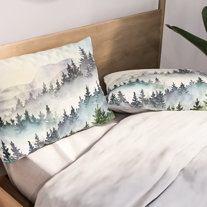 Misty Mountain Pines - Foggy Forest Watercolor Painting Pillow Sham Gallery Image 2