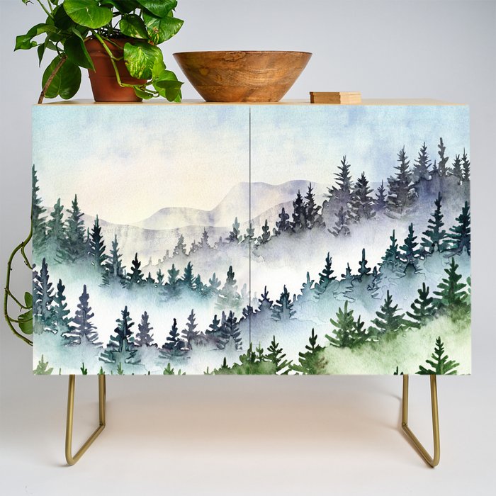 Misty Mountain Pines - Foggy Forest Watercolor Painting Credenza Gallery Image 1