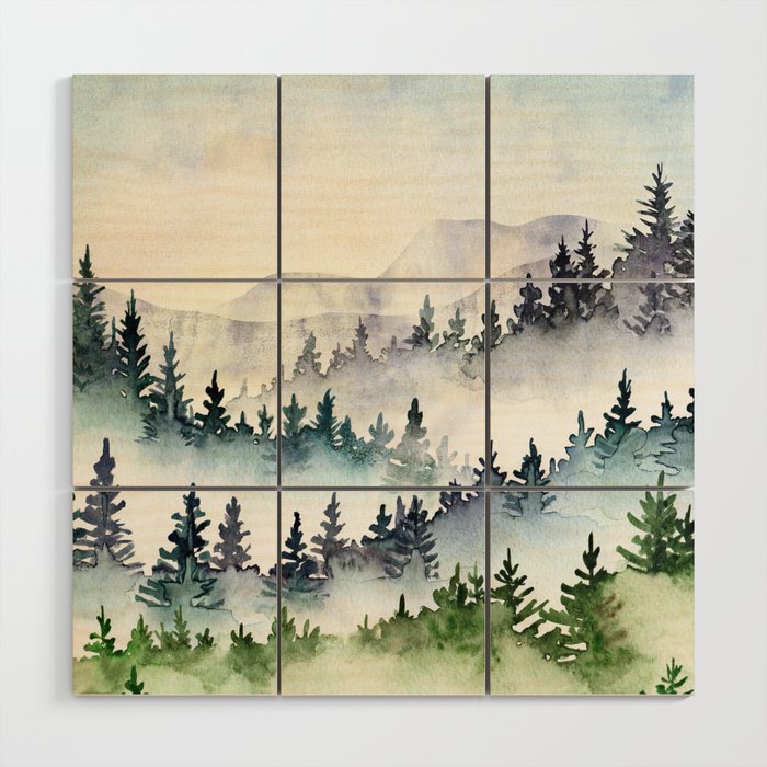 Misty Mountain Pines - Foggy Forest Watercolor Painting Wood Wall Art Gallery Image 1