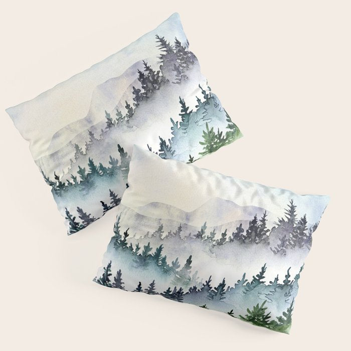 Misty Mountain Pines - Foggy Forest Watercolor Painting Pillow Sham Gallery Image 1