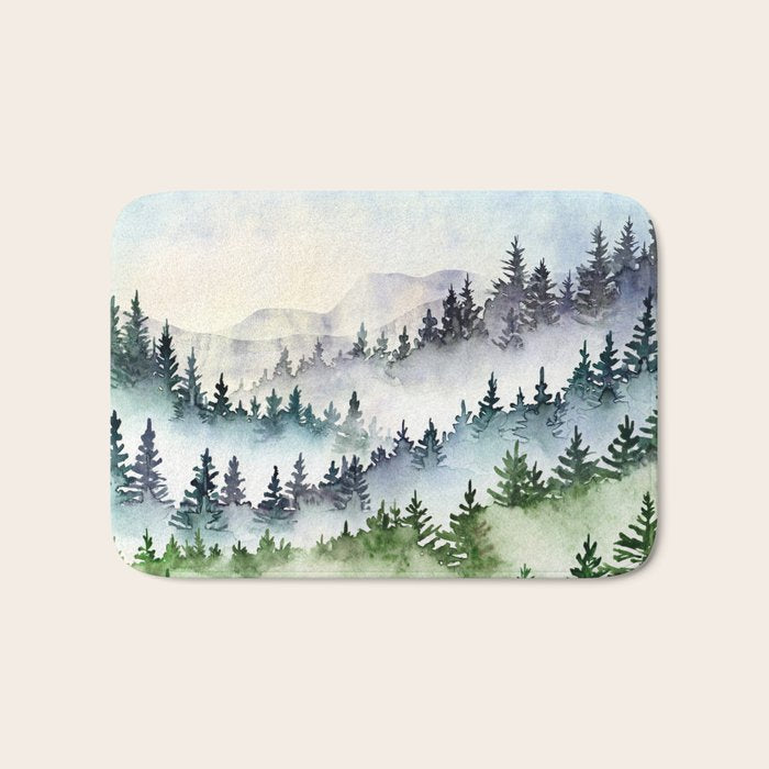 Misty Mountain Pines - Foggy Forest Watercolor Painting Bath Mat Gallery Image 1