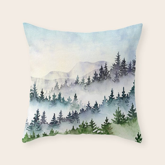 Misty Mountain Pines - Foggy Forest Watercolor Painting Throw Pillow Gallery Image 6