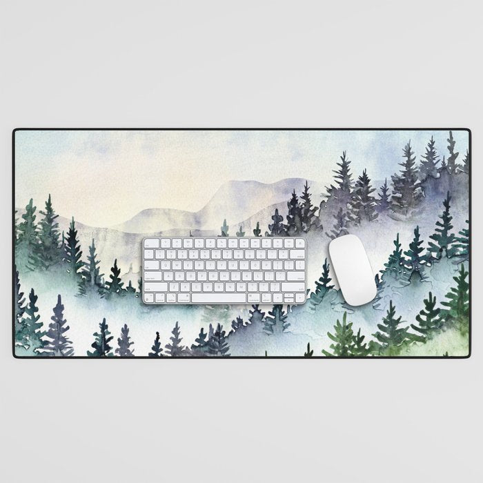 Misty Mountain Pines - Foggy Forest Watercolor Painting Desk Mat Gallery Image 1