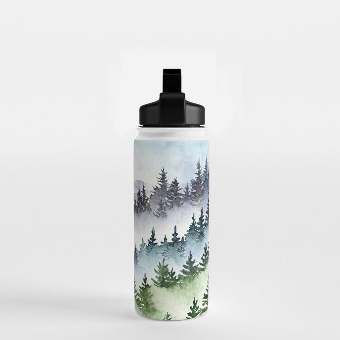 Misty Mountain Pines - Foggy Forest Watercolor Painting Water Bottle Gallery Image 2