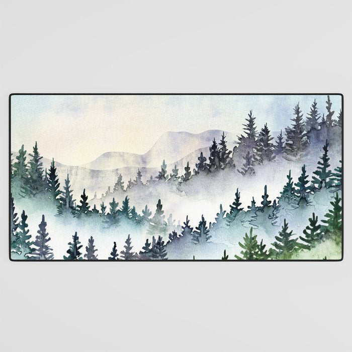 Misty Mountain Pines - Foggy Forest Watercolor Painting Desk Mat Gallery Image 3