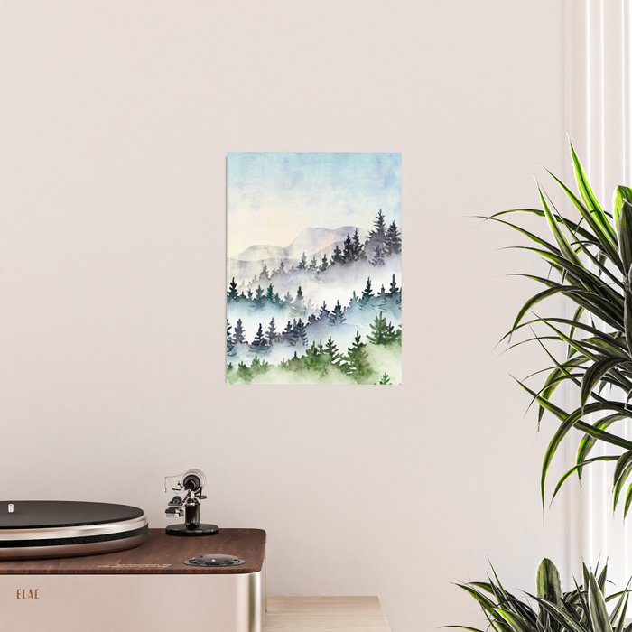 Misty Mountain Pines - Foggy Forest Watercolor Painting Poster Gallery Image 2